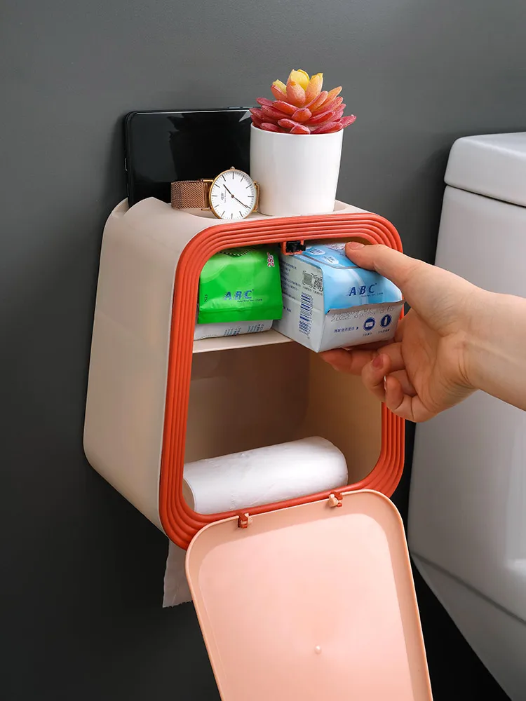 

Double-layer non-perforated tissue box, toilet roll paper box, wall-mounted waterproof pumping box, household storage rack