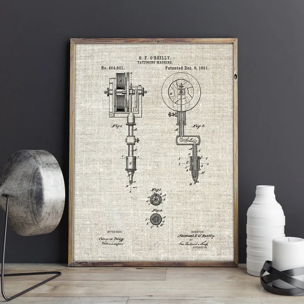 First Tattoo Machine Patent Posters and Prints Tattoo Parlor Wall Art Canvas Painting Vintage Blueprint Picture Home Decor