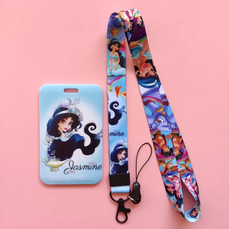 Disney Jasmine Aladdin Women\'s Name Card Covers ID Card Holder Students Bus Card Case Lanyard Visit Door Identity Badge