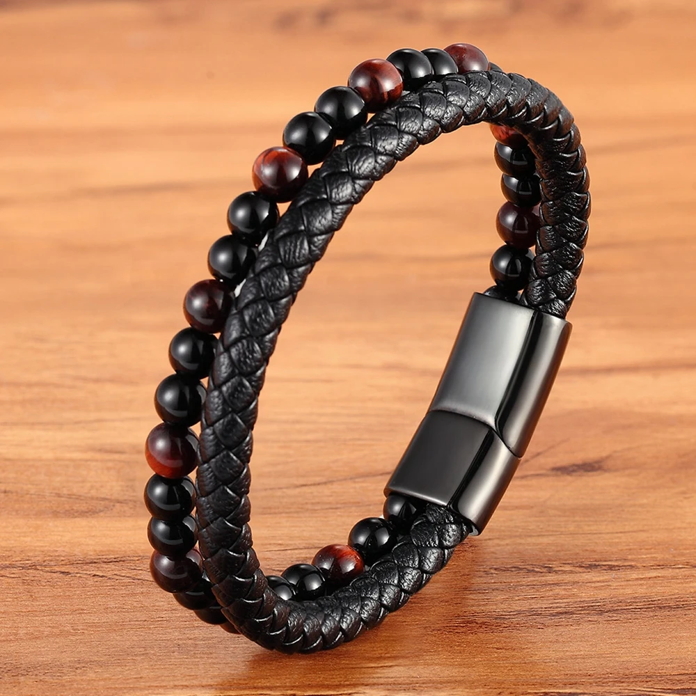 TYO New Arrival Men Bracelet Natural Stone Beads Double Layer Leather Bracelet Stainless Steel Magnetic Clasp Bangle Jewelry