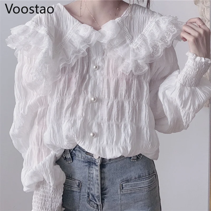 Sweet Fashion Blouse Women Elegant Puff Sleeve Lace Mesh Tops Girls Lolita Style Peter Pan Collar Chiffon Shirts Blusas Mujer