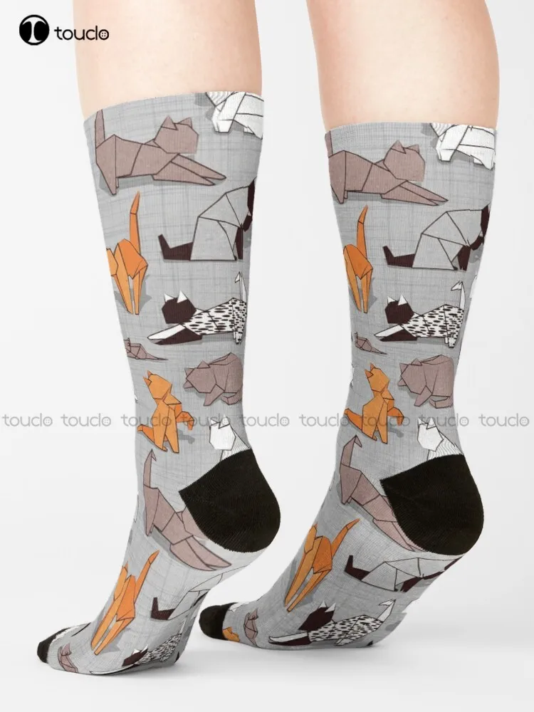 Origami Kitten Friends // Grey Linen Texture Background Paper Cats Socks Mens Socks Personalized Custom 360° Digital Print