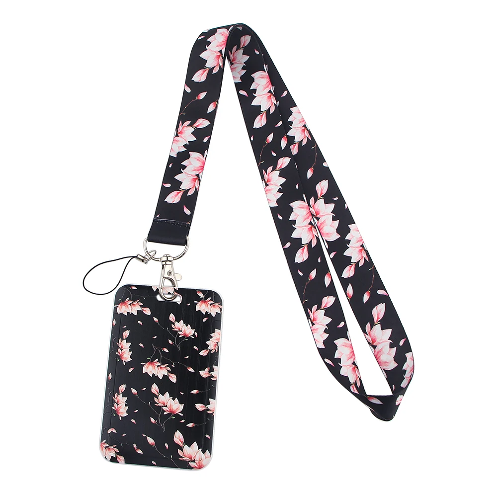 LX66 Cherry Blossom Office Card Sets ID Badge Case Bank Credit Card Badge Holder Cartoon Flower Lanyards Keychain