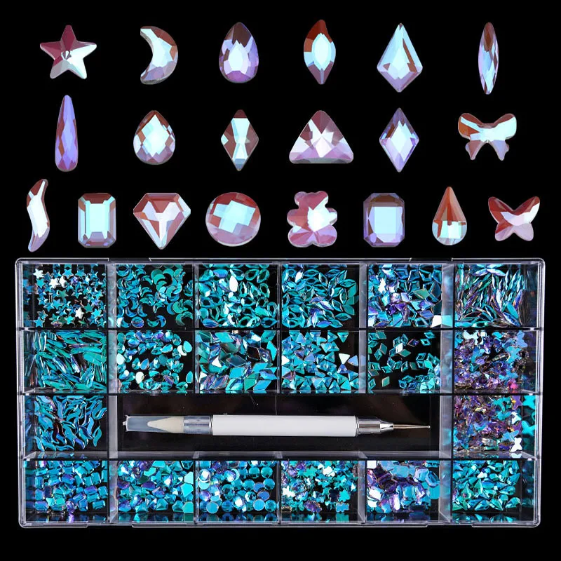 

21Grid Crystal AB 3D Flatback Glass Nail Art Rhinestones Fancy Shaped Crystals Stones for DIY Nails Art Decorations