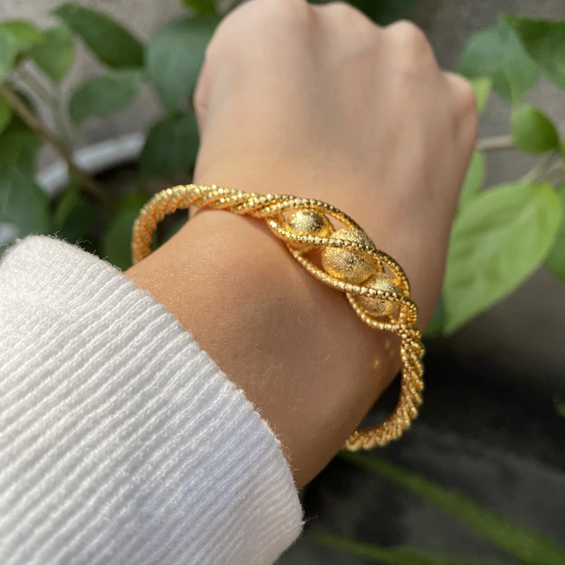 1pcs Ethnic Bead Gold Color Dubai Bangles For Women 24k Ball Copper Saudi Arabic Bracelet Girls Africa Bangles Wedding Jewelry