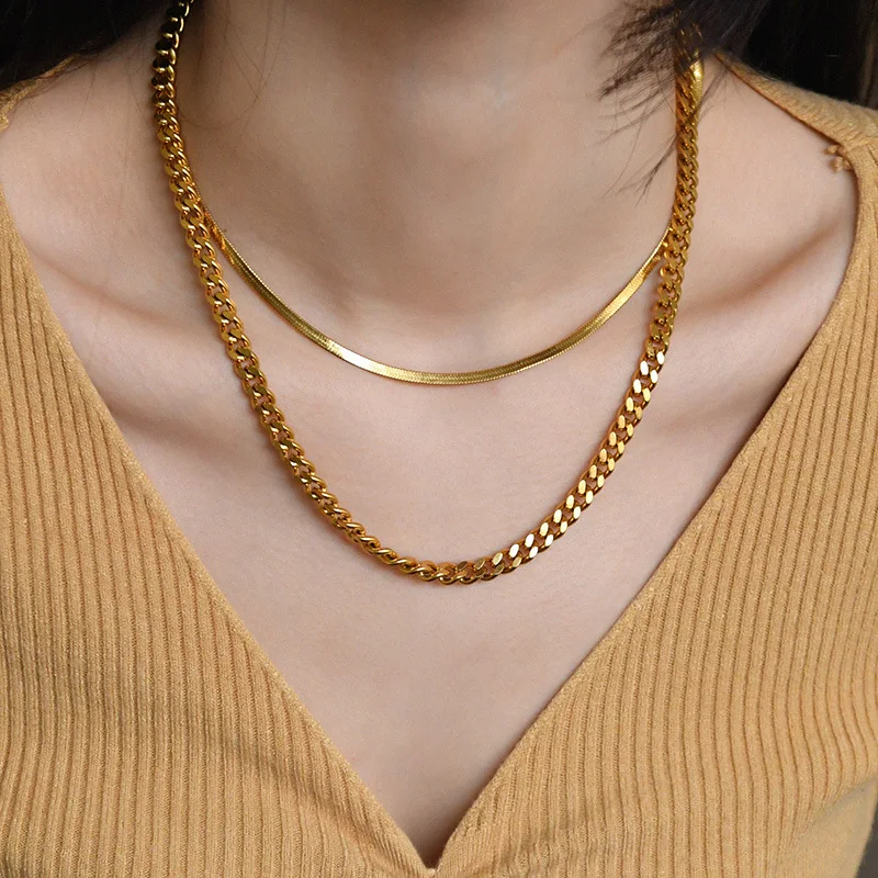 Vnox Women Chain Necklaces, Cuban Miami Curb Chain,Herringbone Flat Snake Chain Necklace,Solid Gold Color Stainless Steel Choker