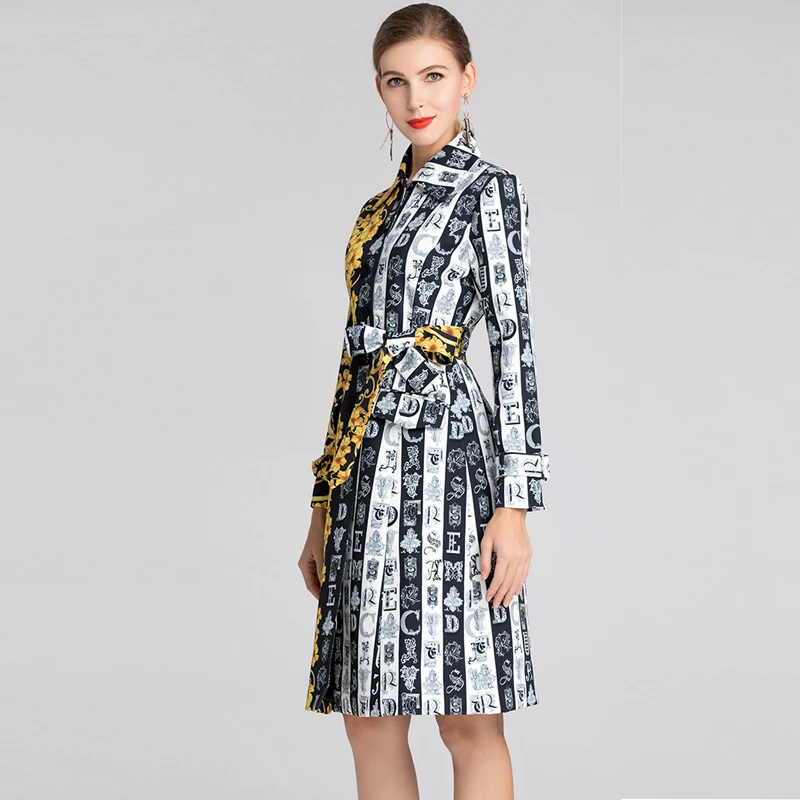 AELESEEN Vintage Trench 2022 Spring Summer Runway Fashion Yellow Flower Strip Letter Print Designer Elegant Long Outerwear Coat