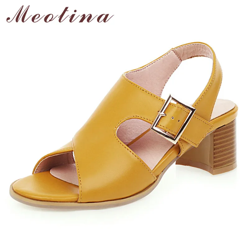 Meotina Summer Sandals Women Shoes Buckle Thick High Heels Party Shoes Fashion Open Toe Sandals Lady Yellow 2020 Plus Size 34-43