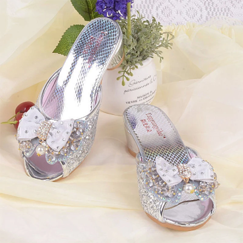 Girls Summer Sandals Slipper Sequined Princesse Children High Heel Party Dress Shoes Leather Slipper For Kids Slides