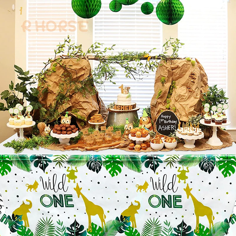 4Pcs Wild One Year Old Birthday Tablecloth Favor Party Decor Waterproof Tropical Theme Table Cover Picnic Supplies for Kids