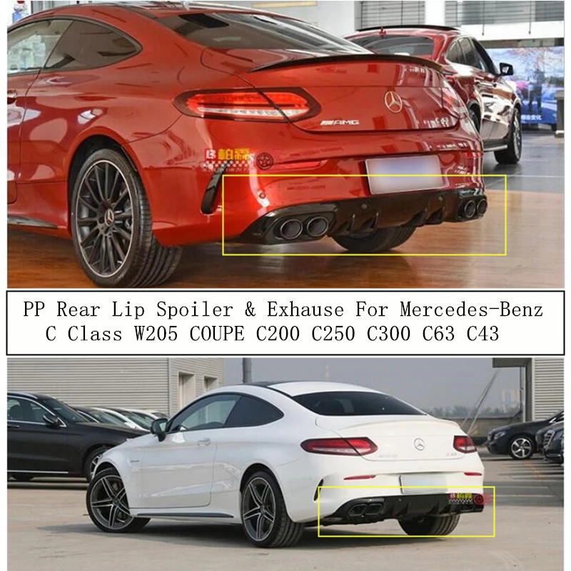 

High Quality PP Rear Lip Spoiler & Exhause For Mercedes-Benz C Class W205 COUPE C200 C250 C300 C63 C43 2016-2021 Bumper Diffuser