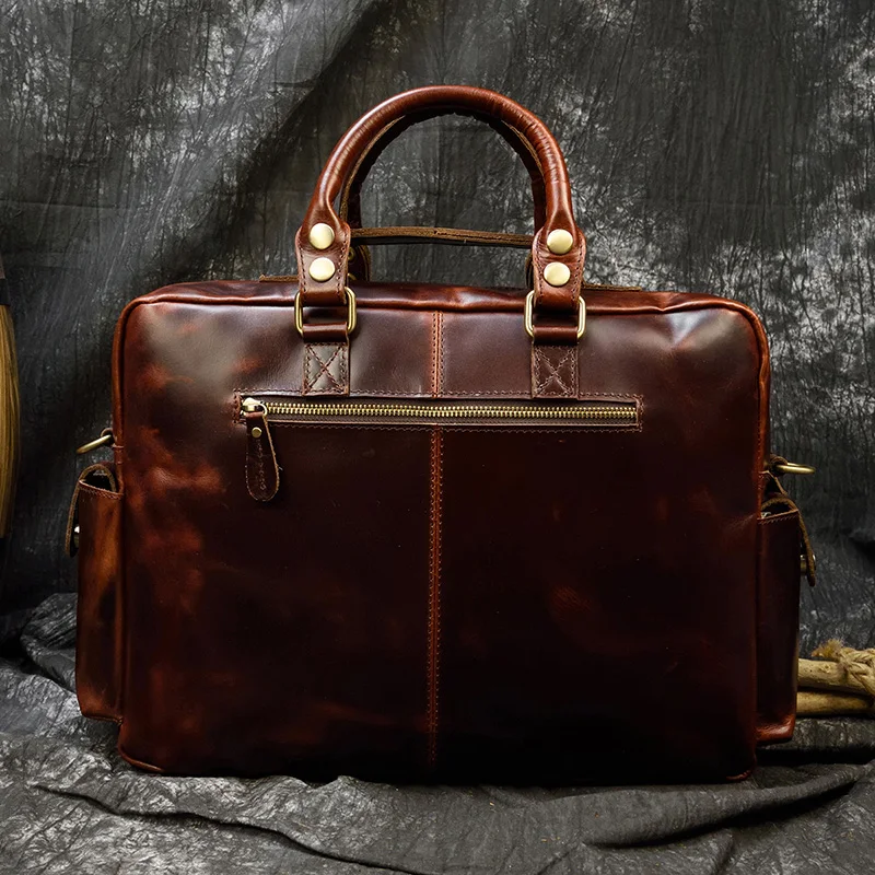 Men's genuine leather briefcase fit 15" Laptop reddish brown Glossy vintage Cow leather handbag leather business bag work tote