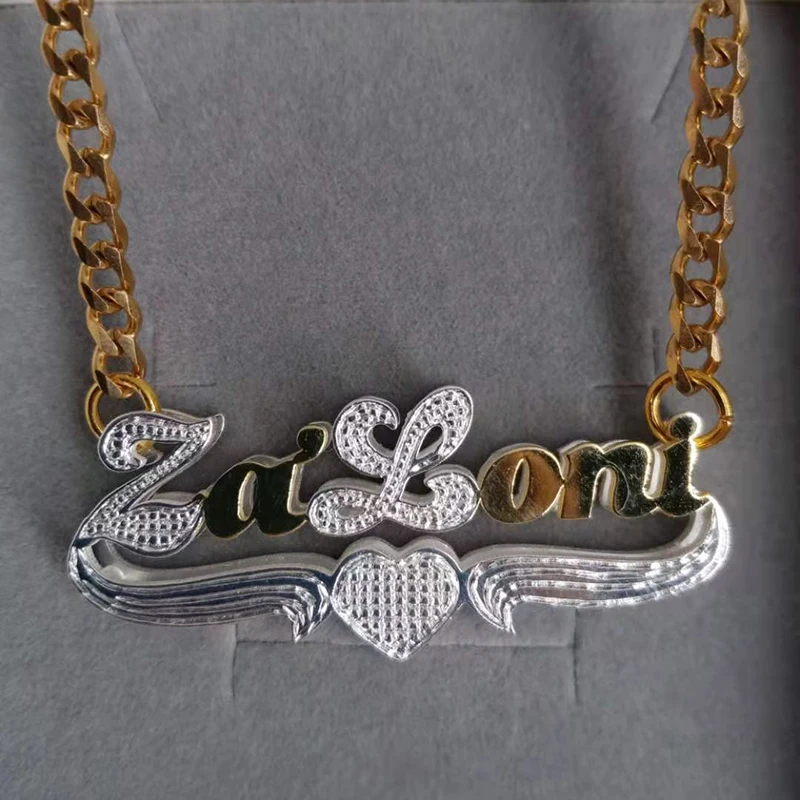 Personalized Women 3D Nameplate Necklace Double Plated Name Heart Pendent Necklace Custom Stainless Steel HipHop Jelwery Gifts