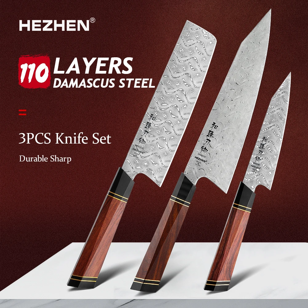 HEZHEN 1-3 Pieces Knife Set High quality North America Desert Ironwood &110 Layers Damascus Super Steel Chef Kitchen