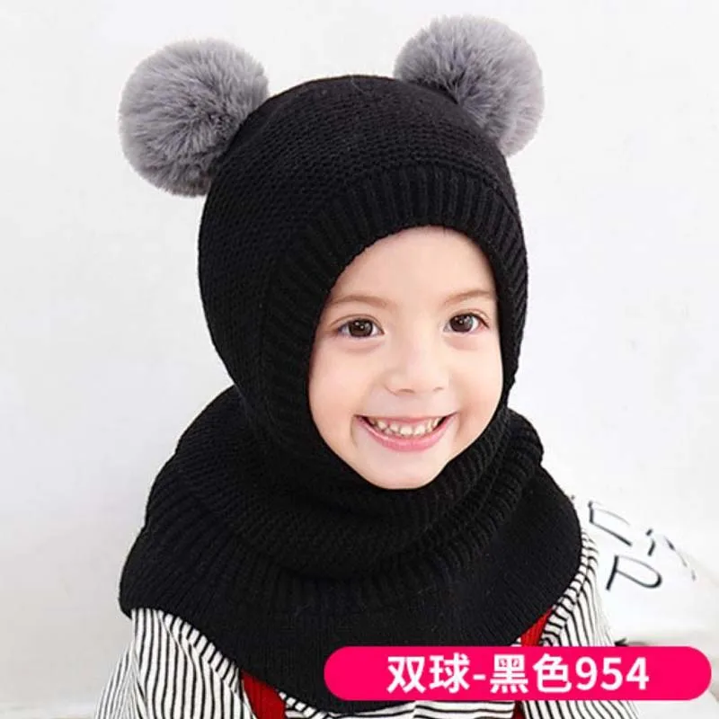 Doitbest 2 to 6 Y Winter Hat Beanies Boys Beanie two hairball Child Knit Fur Hats Protect face neck Kids Girls Earflap Caps