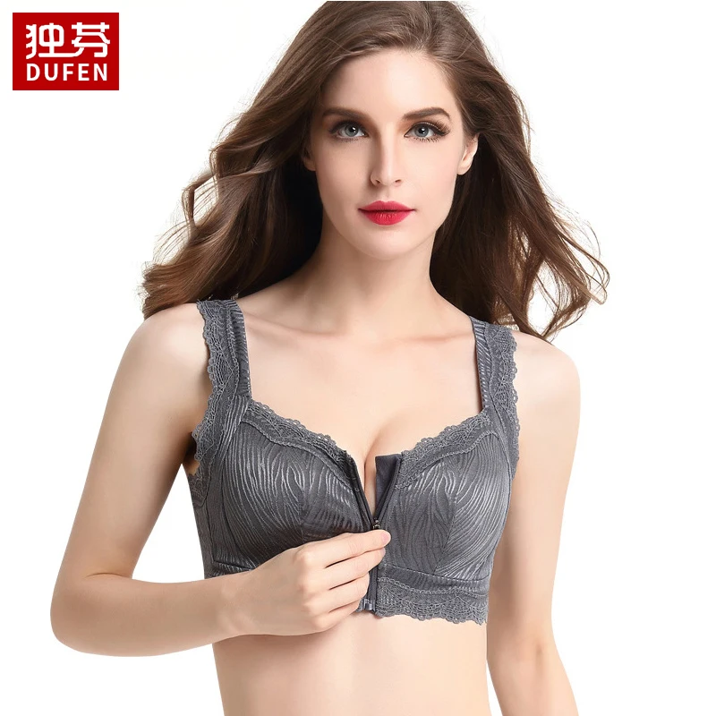 1755 Front Buckle Zipper Bra New Large Size Lace Full Cup Sleep Cotton Coaster No Steel Ring Gathered Underwear Female