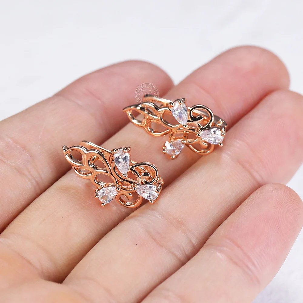 Pendientes de circonia cúbica para mujer, aretes femeninos de Color oro rosa, flor, planta, boda, fiesta de compromiso, joyería, regalos, LGE339, 585