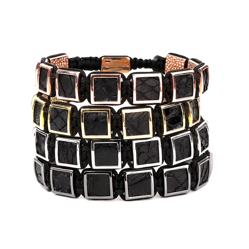 Unique Design High Quality Black Snake Leather Brass Square Beads Woven Macrame Bracelet For Men Women