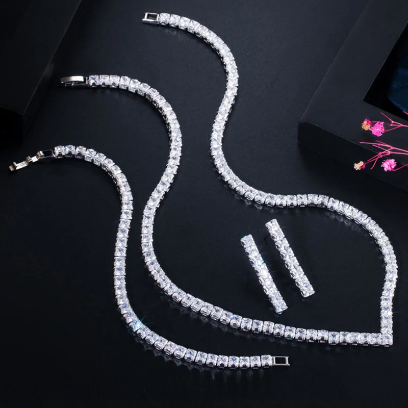 Pera High Quality Princess Cut 3Pcs Bridal Wedding Party Necklace Earrings Bracelet for Women Luxury Zircon Jewelry Set J359