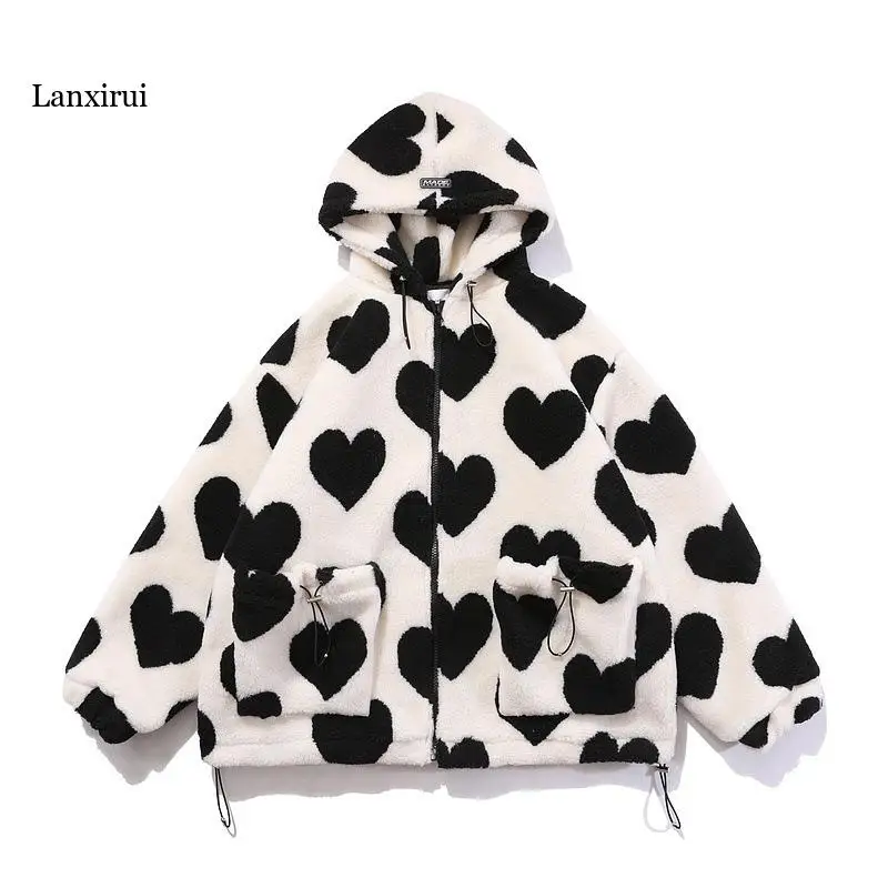 Winter Jackets For Women Heart Print Jacket Women for Valentine\'s Day Winter Zipper Hooded Flannel Parka Harajuku Lambswool Slim