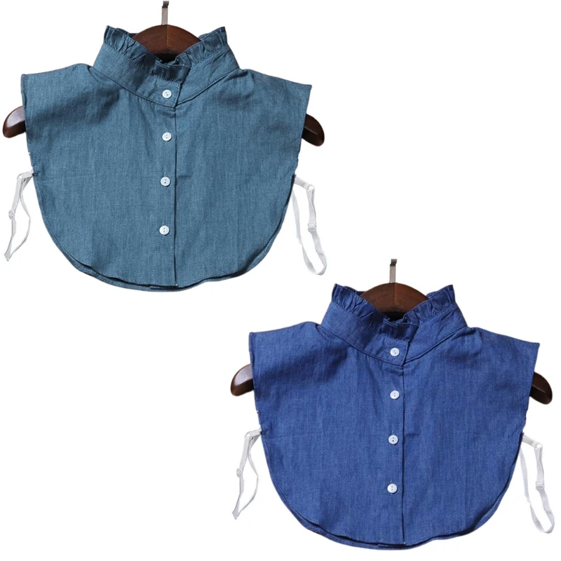 Listras de jeans destacáveis para mulheres, colarinho falso com babados e botões, meia camisa