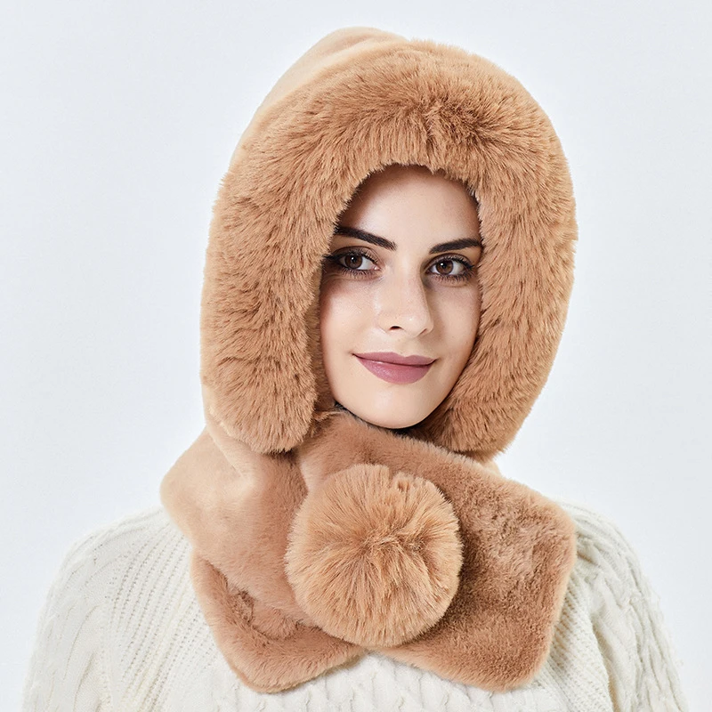 Winter Hats Hooded Cap For Women Thick Faux Fur Bomber Hat Neck Warm Snow Ski Caps Female Outdoor Plush Scarf Earflap Hat