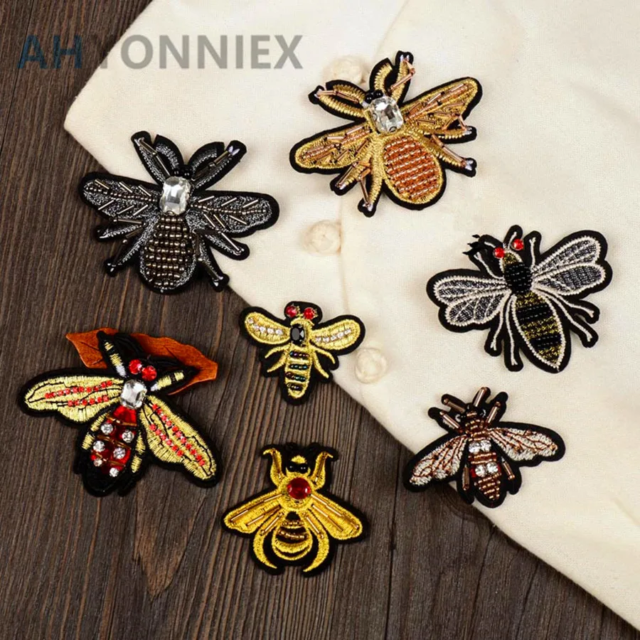 AHYONNIEX Brand 1PC Bees Rhinestones Beads Patches Sew On Handmade Stickers Applique For Clothes Shoes Bags DIY