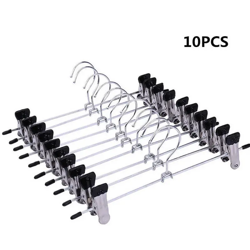 10PCS Metal Pants Skirt Hangers Trouser Stand Holder With 2 Clips Adjustable XN