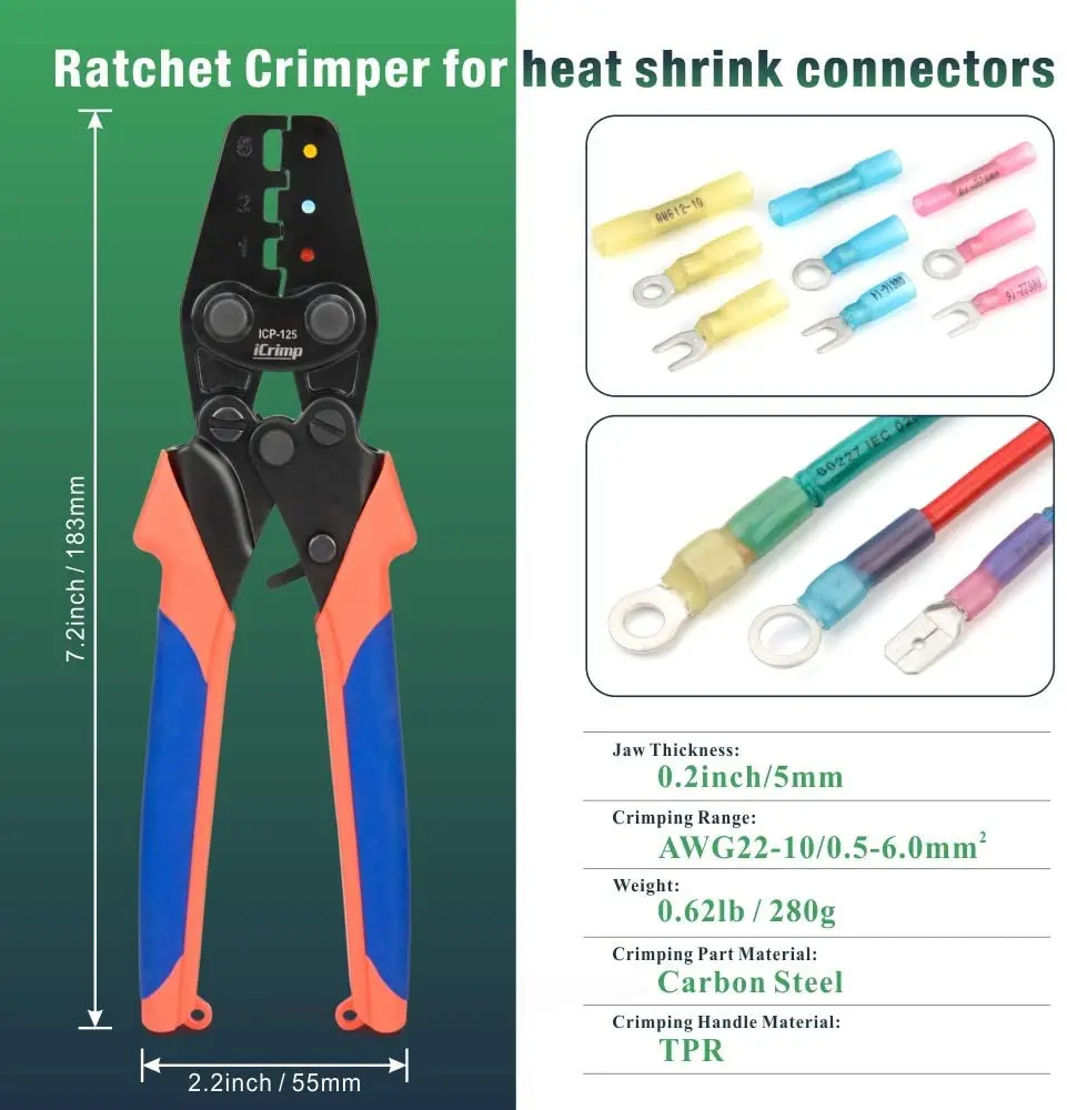 IWISS ICP-125 mini crimping plier Handy Ratchet Wire Crimper Tool for 0.5-6mm²（AWG22-10） Heat Shrink Connectors