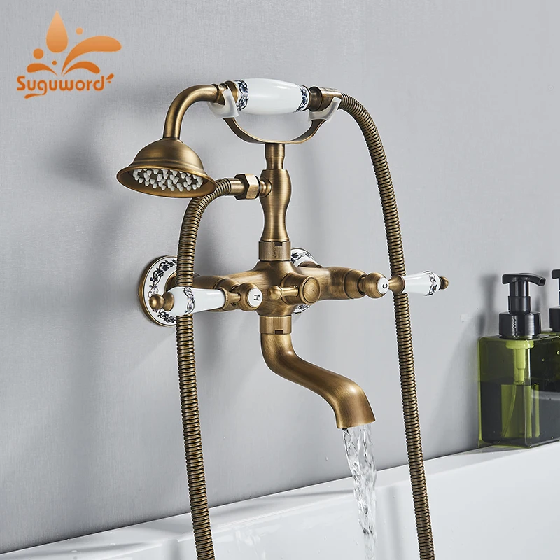 Suguword Telephone Shape Bathroom Bathtub Shower Faucet Set Antique Brass Hot and Cold Water Mixer Tap Vintage Style