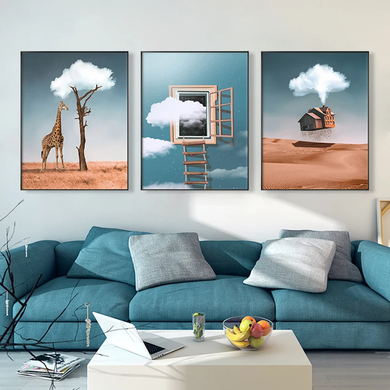 EECAMAIL Diamond Painted Diamonds Embroidered Clouds Giraffe Living Room Diamond Cross Stitch Cartoon Fun Triptych Diamond Paint