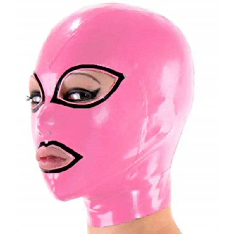 Cagoule en Latex rose avec garniture noire, masque en caoutchouc à fermeture éclair au dos pour belles filles