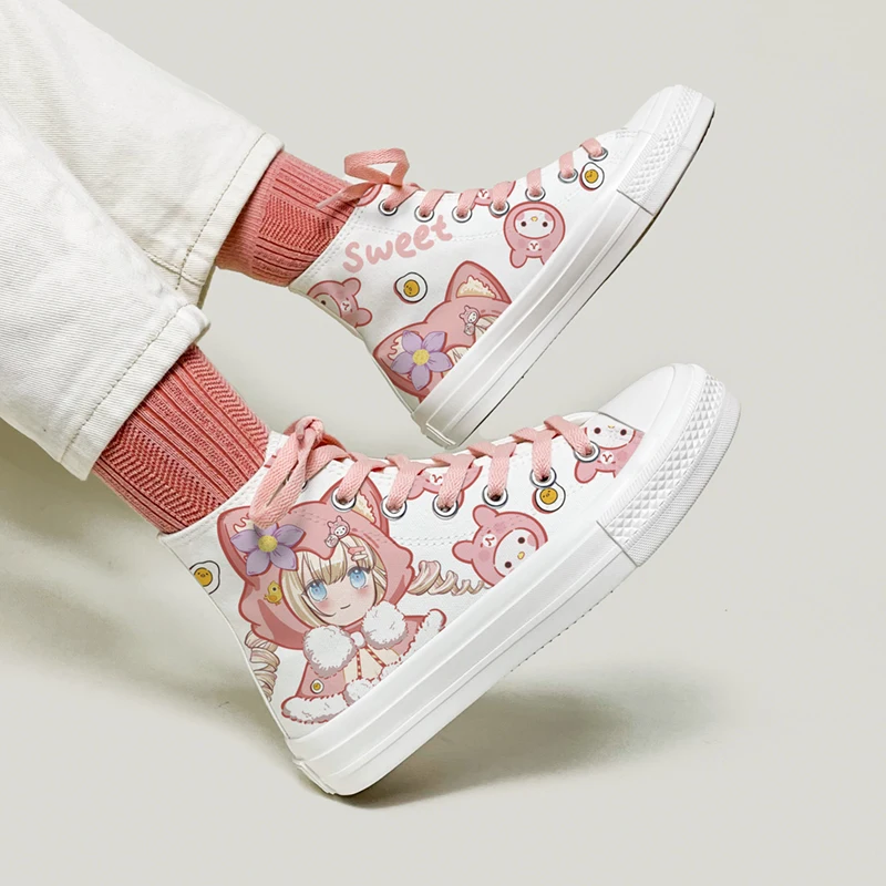 Amy and Michael Kawaii Girls Students High Top Hand Painted Canvas Shoes Female Lovely Casual Plimsolls Woman Vulcanize Shoes