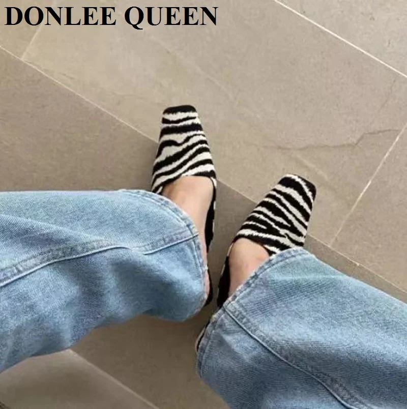 Fashion Zebra Zebra Pattern Mule Shoes Women Low Heels Square Toe Slides Outdoor Slippers New Spring Casual Flat Shoes Chaussure