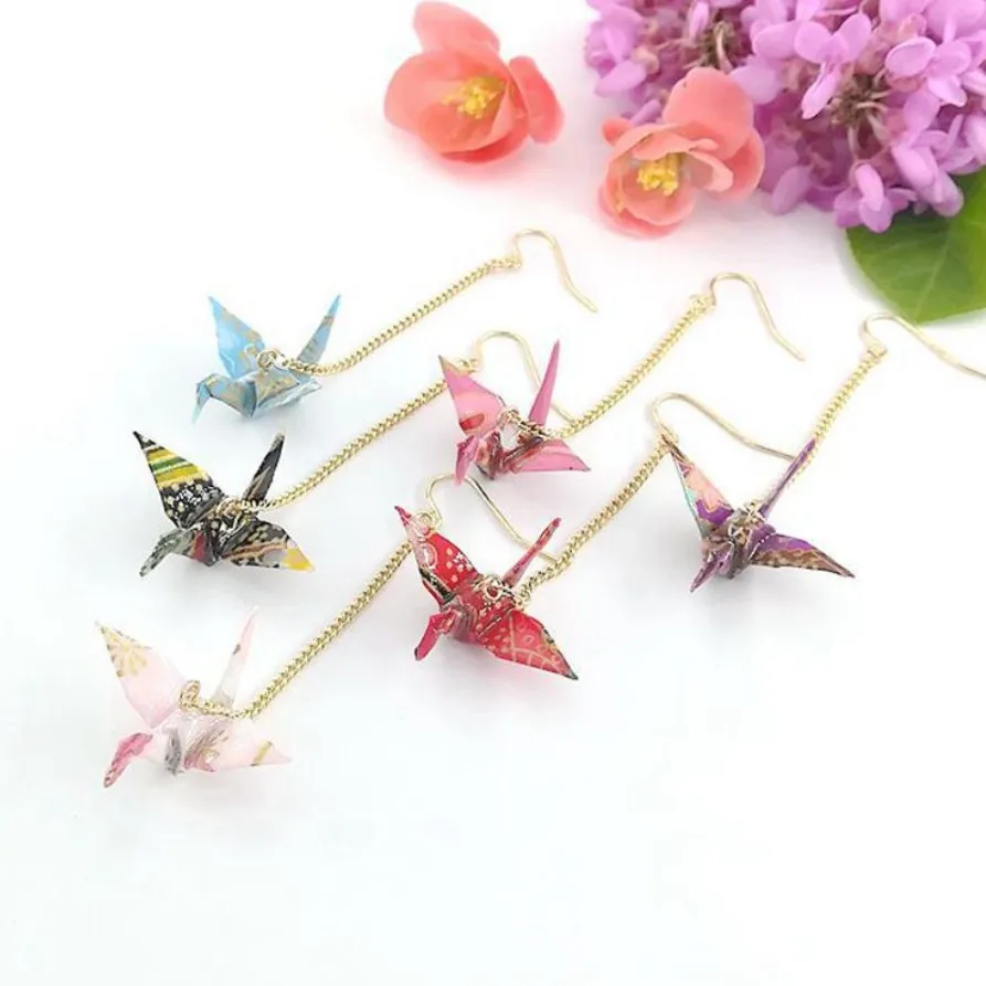 8Seasons 1 PC Origami Women Drop Earrings Ethnic Washi Japanese Paper Crane Pendant Romantic Party Accessories Charms Gift