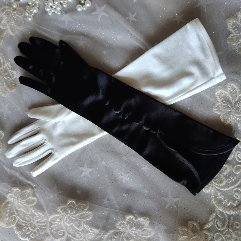 1 Pair Bride Bridal Wedding Gloves Black White Long Beaded Satin Gloves Elegant For Women Finger Gants Mariage Luvas De Noiva