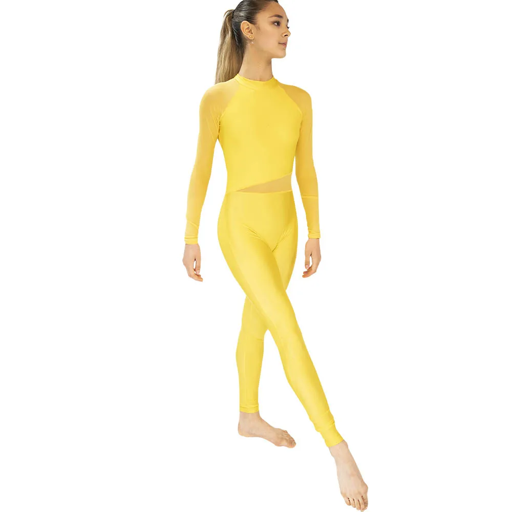 Yellow Nylonlycra Mesh Long Sleeves Turtleneck Dance Unitards Gymanstics Long Bodysuit Children Adult Sizes 13 Colors