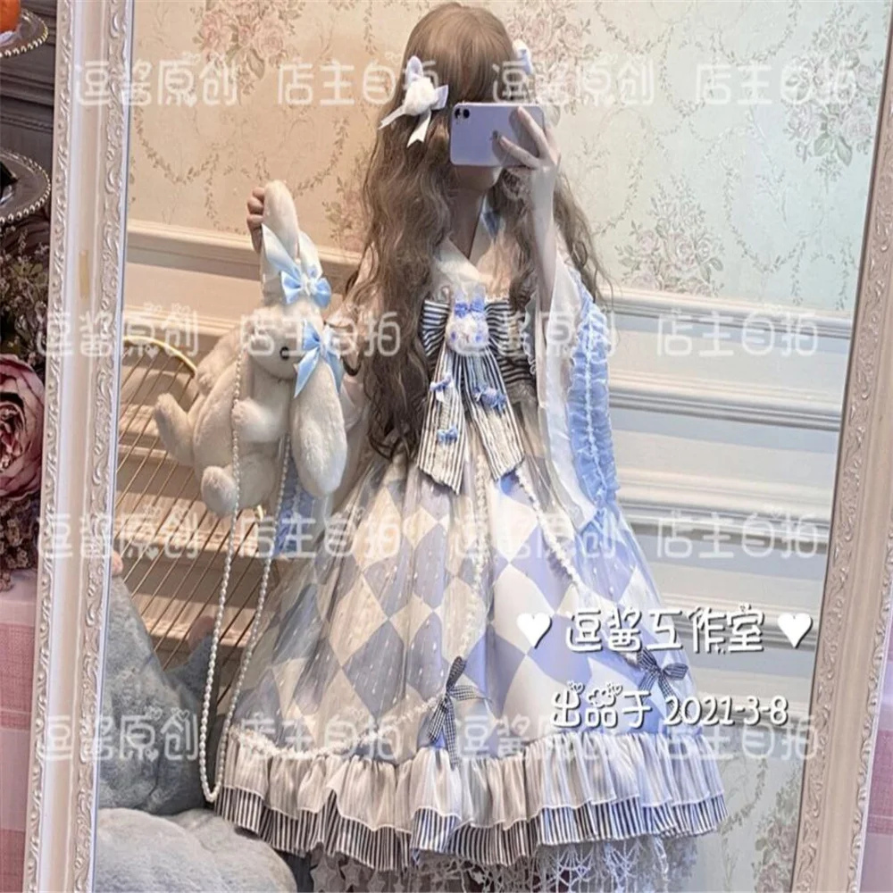 Vestido azul Kawaii Lolita Alice Rabbit Fairy Jsk para niñas, vestido de tirantes Loli Jsk, conjunto Haori de fiesta de té, vestidos de princesa Lo