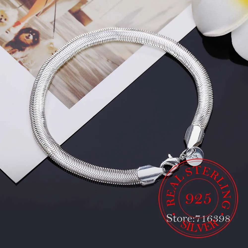 100% Real 925 Sterling silver Bracelet for Women men Homme 6MM Flat Snake Chain Bracelets Bangles Classic Pulsera De Mujer