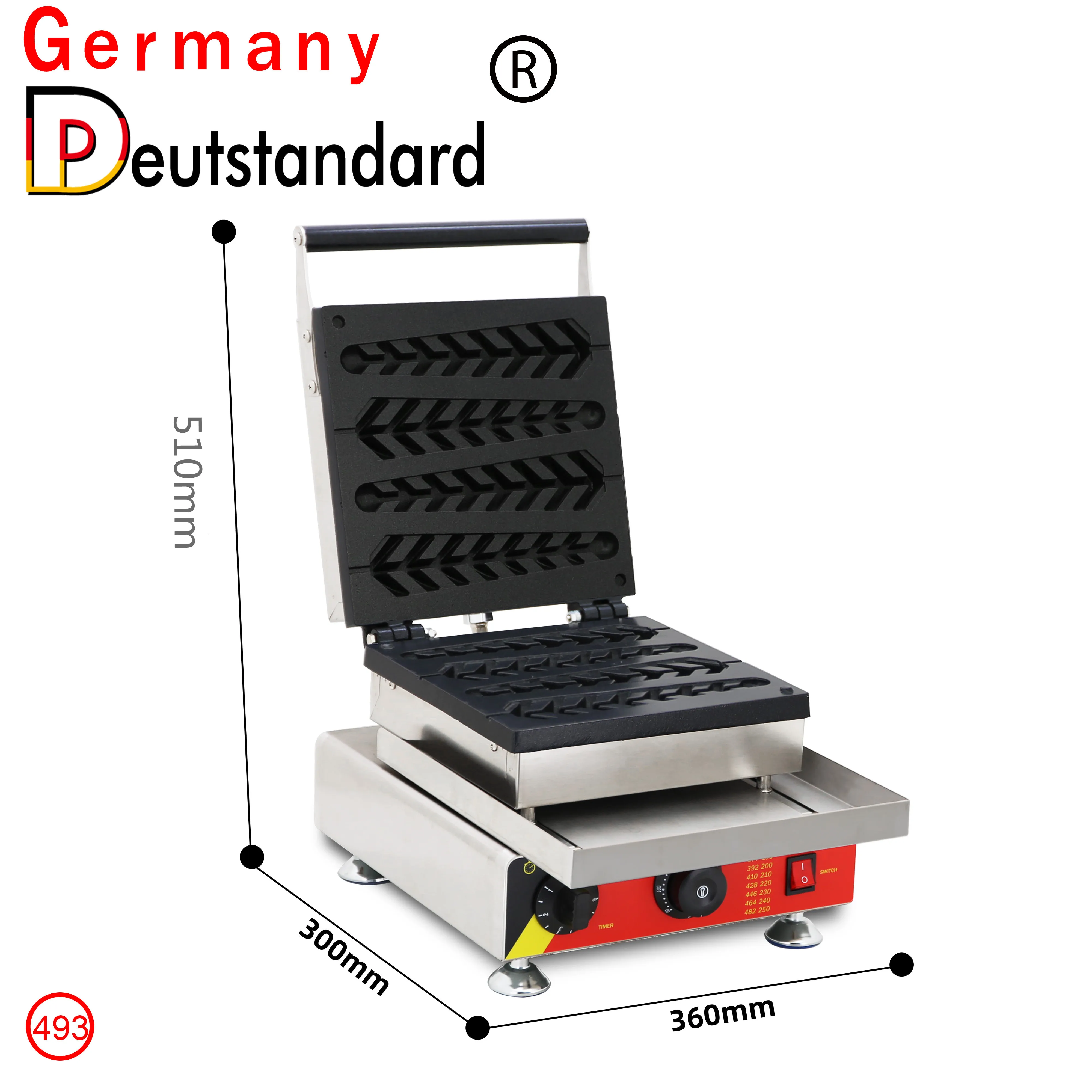 Máquina comercial de lanches, faz comida de rua, elétrica, forma de vara de waffle, máquina de waffle stick com bandeja de óleo, 4 unidades