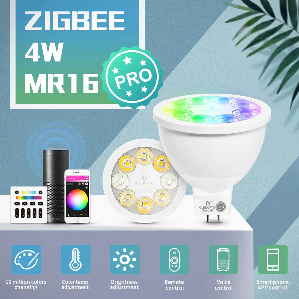 GLEDOPTO ZigBee 3.0 Smart RGBCCT MR16 LED 12V Dimming Spot Light  4W Bulb Tuya  APP RF Remote Control Work with Alexa