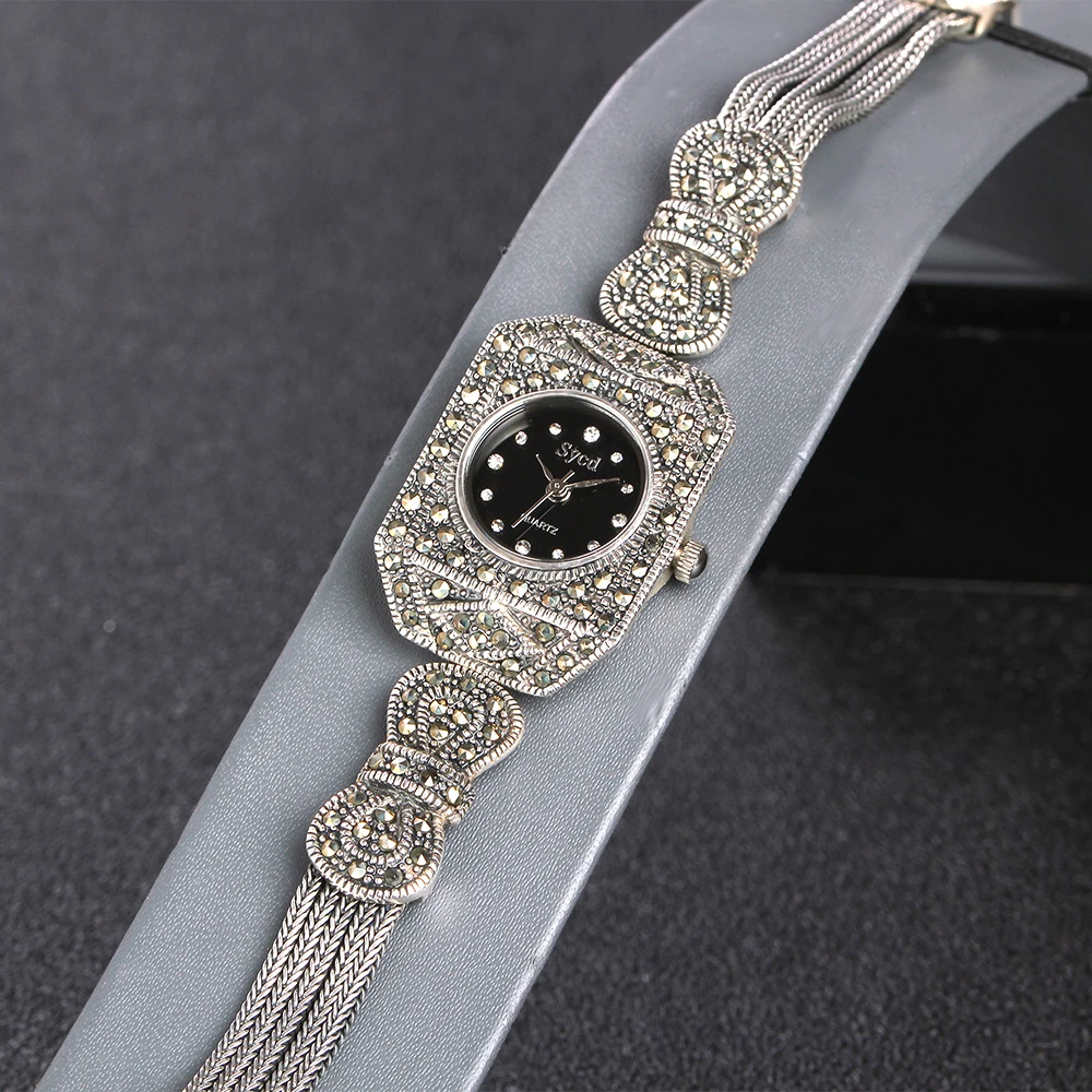 ZHJIASHUN Vintage 100% Silver 925 Watch For Women Retro 925 Sterling Silver Clock Female Bracelets Watch Jewelry