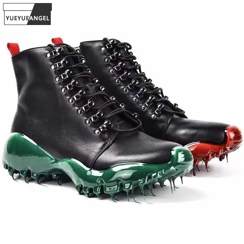 New Designer Shoes Mens Casual Boots Fashion Rubber Sole High Top Sneakers 100% Genuine Leather Boots Lace Up Punk Ankle Boots