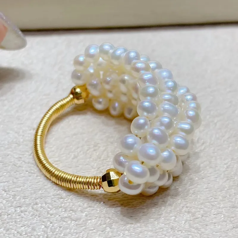 Free shipping hot sell designer oversize lady cluster ring high lustre small real pearl natural white color beads jewelry gift