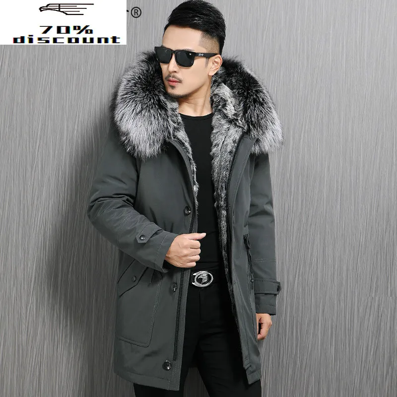 

Real Fur Coat Men Parka Winter Jacket Silver Fox Fur Collar Long Sheep Shearling Wool Lining Parkas De Hombre 99-0528