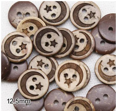 50 unids/lote tamaño: 12,5mm coco Natural 2 agujeros botones de concha Luna y estrella botón a granel para accesorios de ropa artesanal (kk-352)