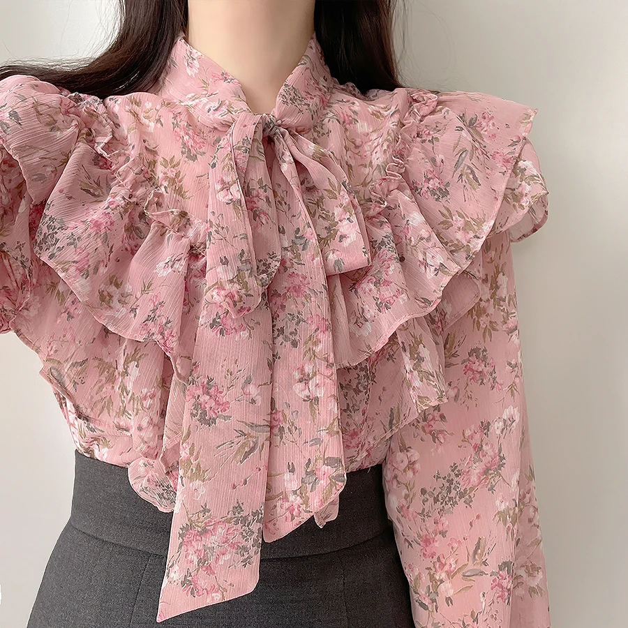 

2021 French Women Floral Blouse Bowtie Collar Cute Chiffon Blouse Chic Ruffles Long Sleeve Korean Women Top Blusas Rojas Mujer