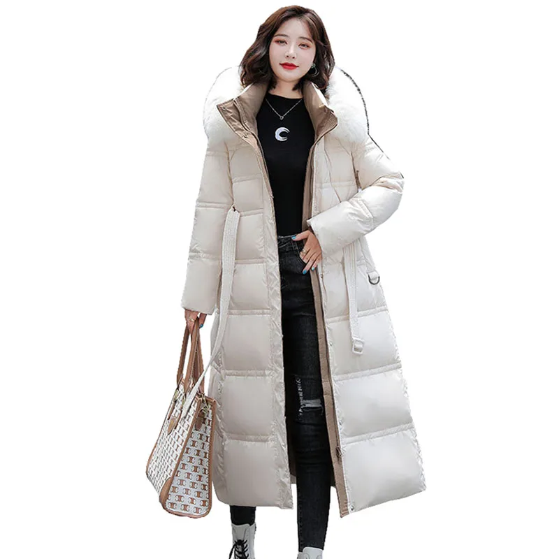 90% White Duck Down Thick Warmth Elegant Hooded Fur Collar Large Size Loose Female Coat 2024 New Women Winter Down Jacket OK1156