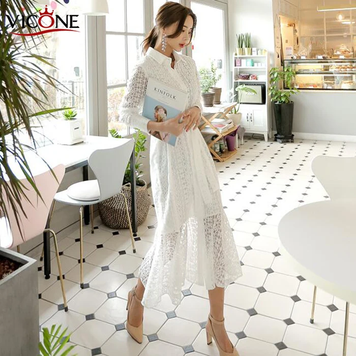 VICONE Women Autumn  Long Sleeve Lace Dress Beach Vintage Maxi Patchwork Vintage Dresses Boho Casual Belt  Dress Robe Femme