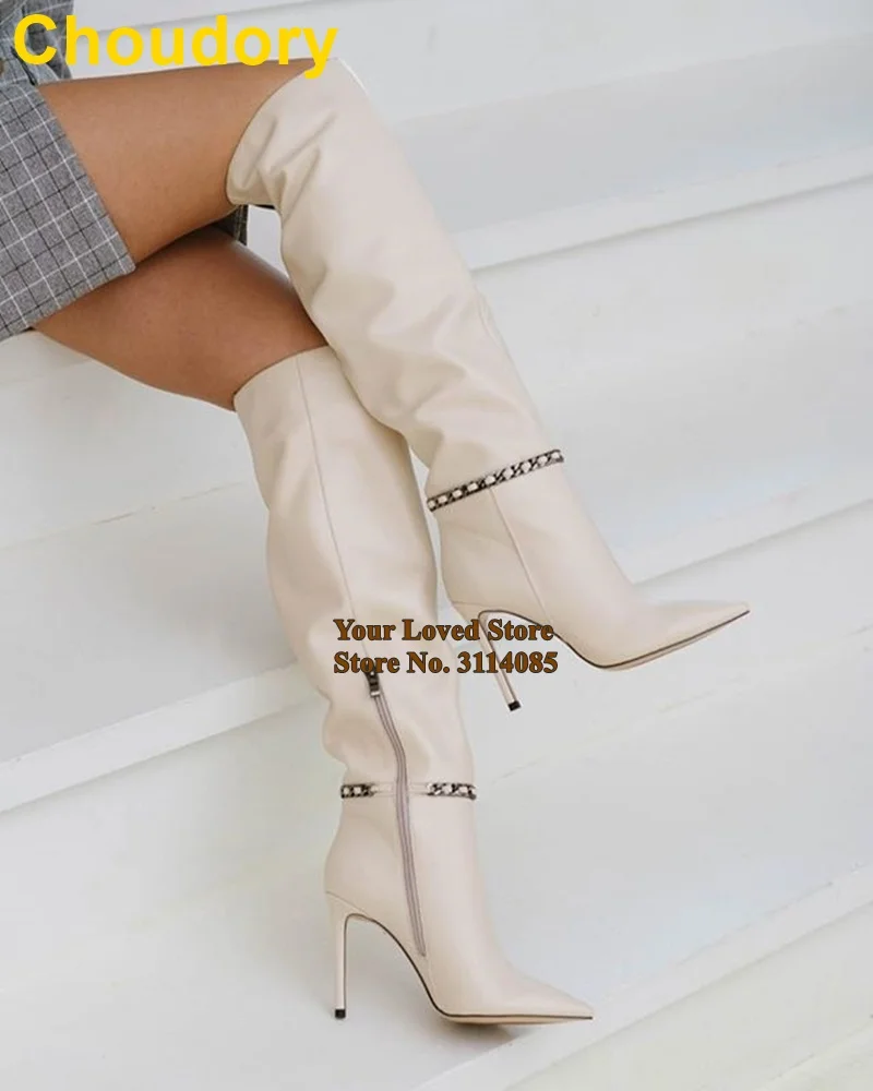 

Choudory Stiletto Heels Pointed Toe Chain Boots Fall Winter Knee High Dress Boots Metal Decorated Long Dress Shoes Pumps Size46